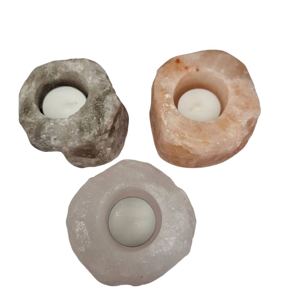 Himalaya-Salz-Teelichthalter-Set aus 3 Farben (Orange, Weiß, Grau)